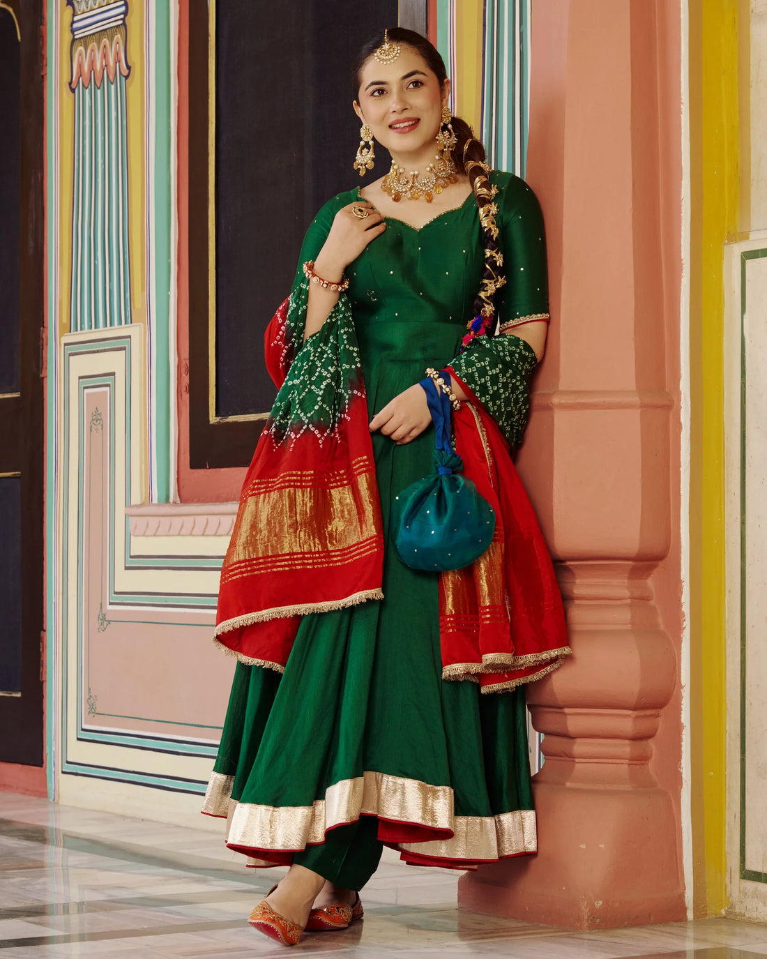 Rajwadi Green Chanderi Anarkali Suit Set