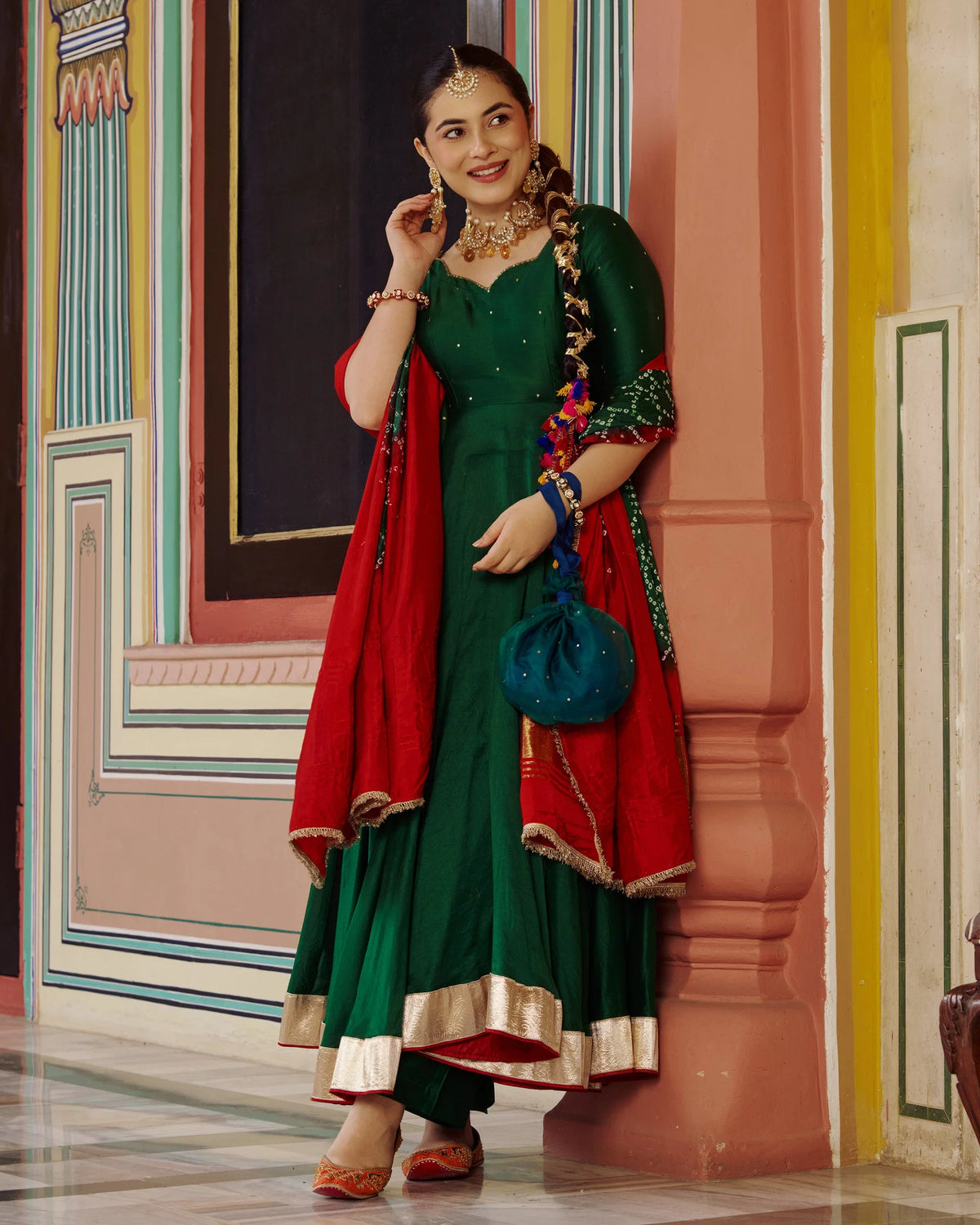 Rajwadi Green Chanderi Anarkali Suit Set