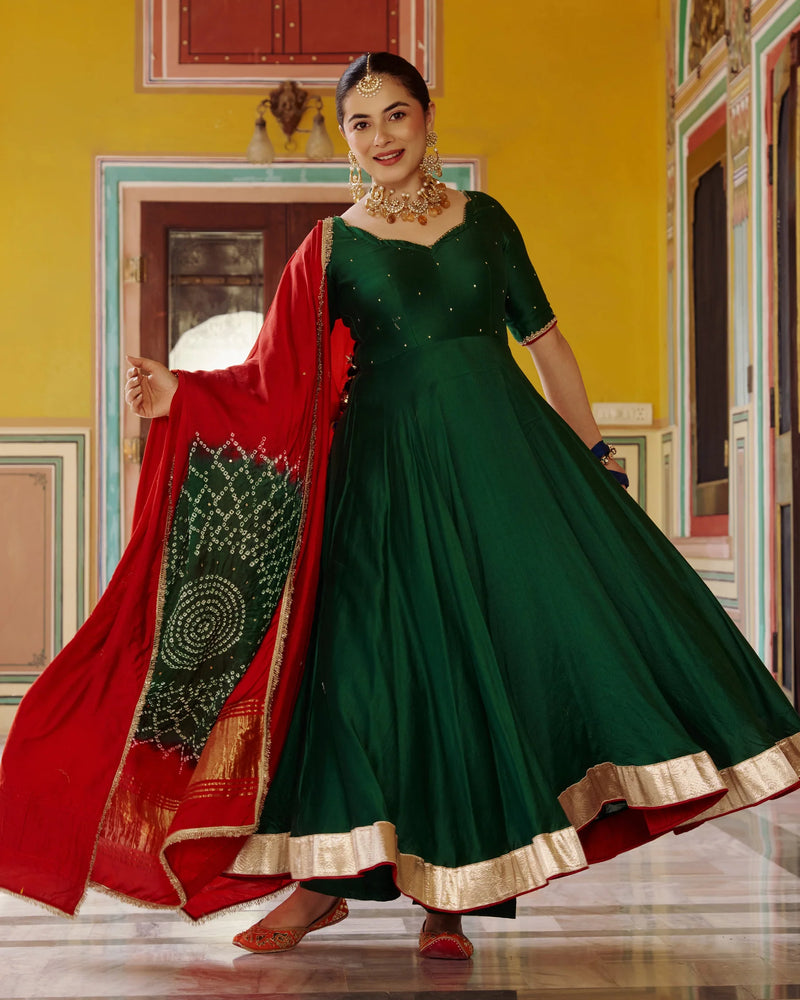 Rajwadi Green Chanderi Anarkali Suit Set