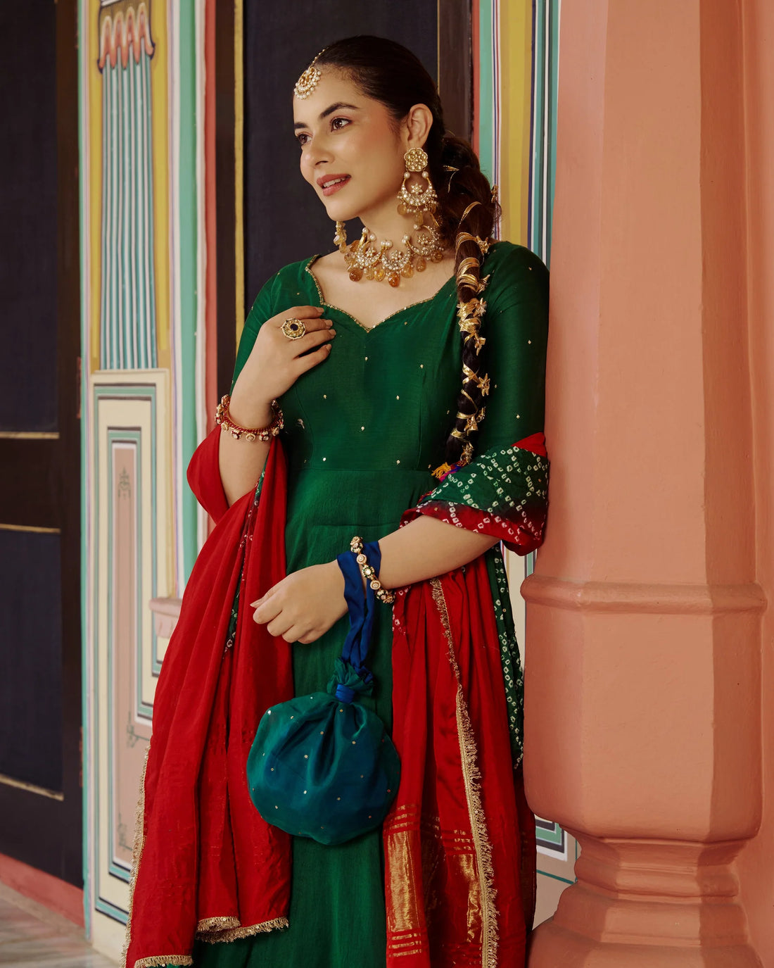 Rajwadi Green Chanderi Anarkali Suit Set