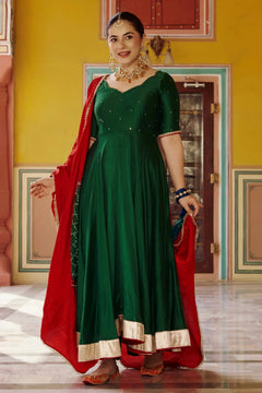 Rajwadi Green Chanderi Anarkali Suit Set