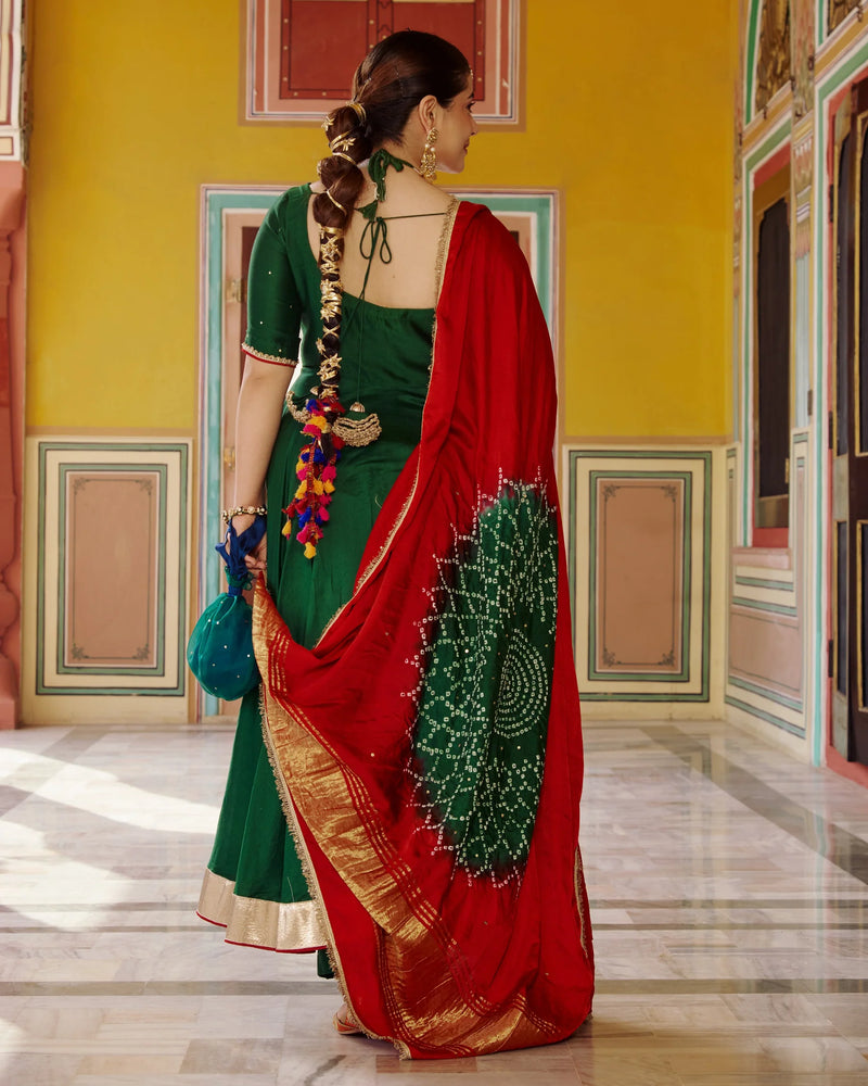 Rajwadi Green Chanderi Anarkali Suit Set