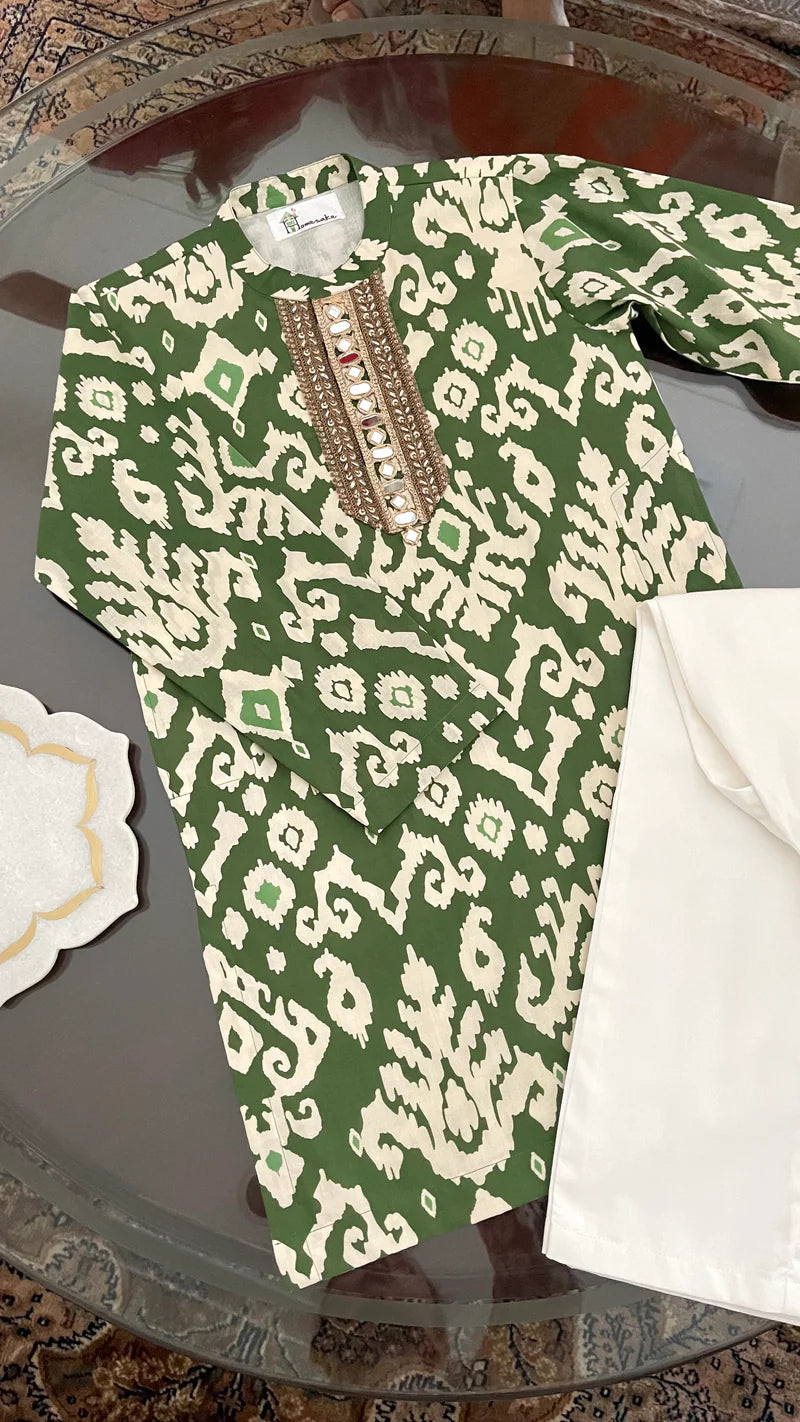 Green Ikat Boys Kurta Set