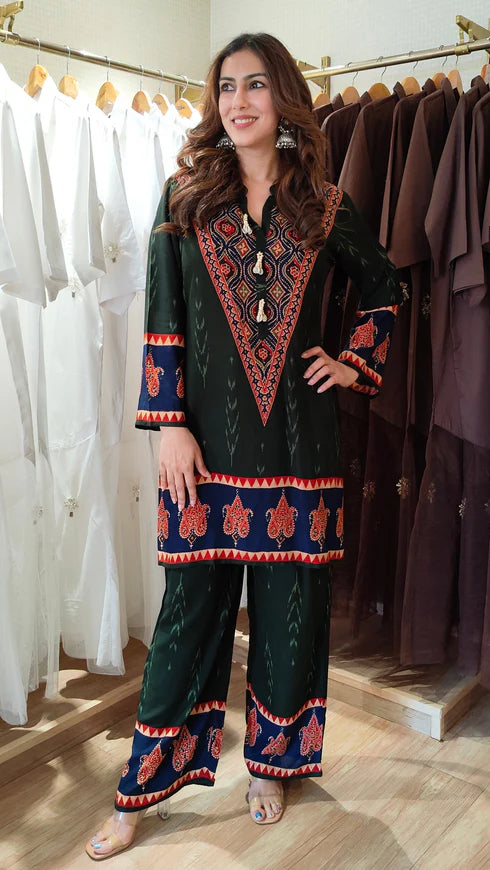 Red Ethnic V-Neck Co-ord Set with Paisley Border Detailing