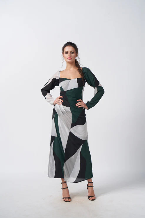 Green, Black and Grey Long Sleeves Dress