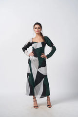 Green, Black and Grey Long Sleeves Dress