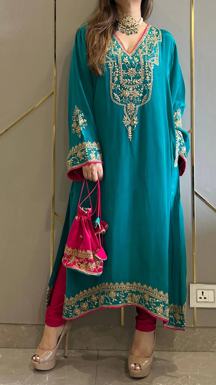 Luxury Crepe Embroidered Phiran Kurta Set with Churidar & Potli