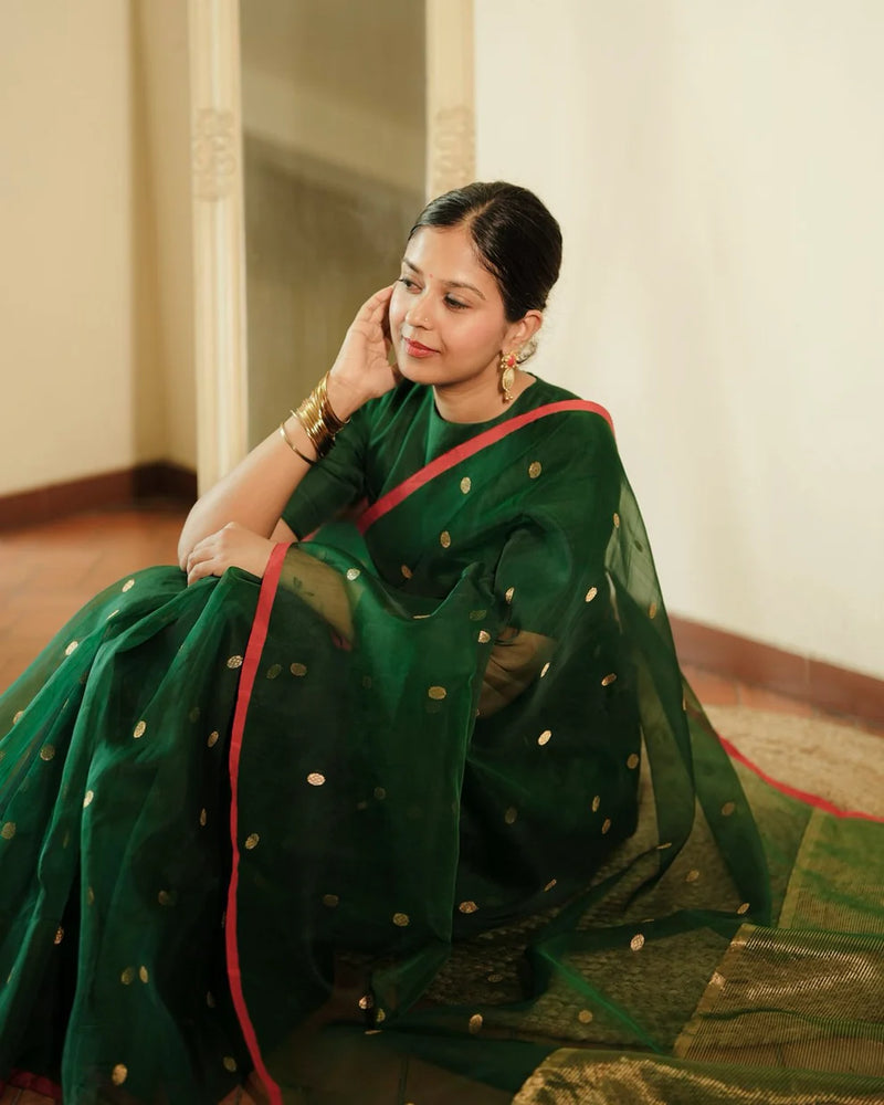 Royal Chanderi Silk Saree with Gold Zari Bootis