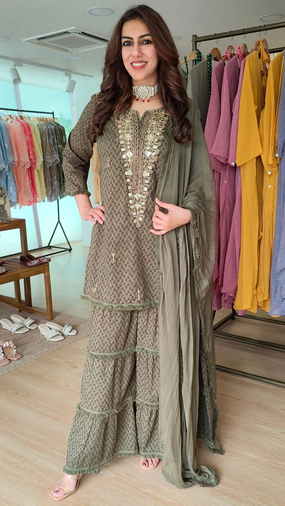 Ethnic Embroidered Maroon Long Yoke Sharara Set