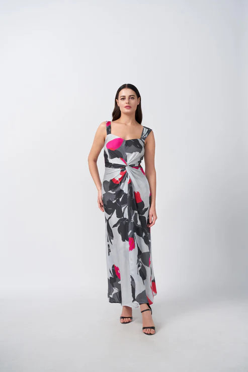 Grey and White Floral Ankle-length Dress