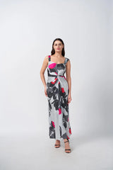 Grey and White Floral Ankle-length Dress