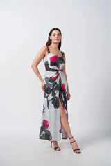 grey floral satin dress