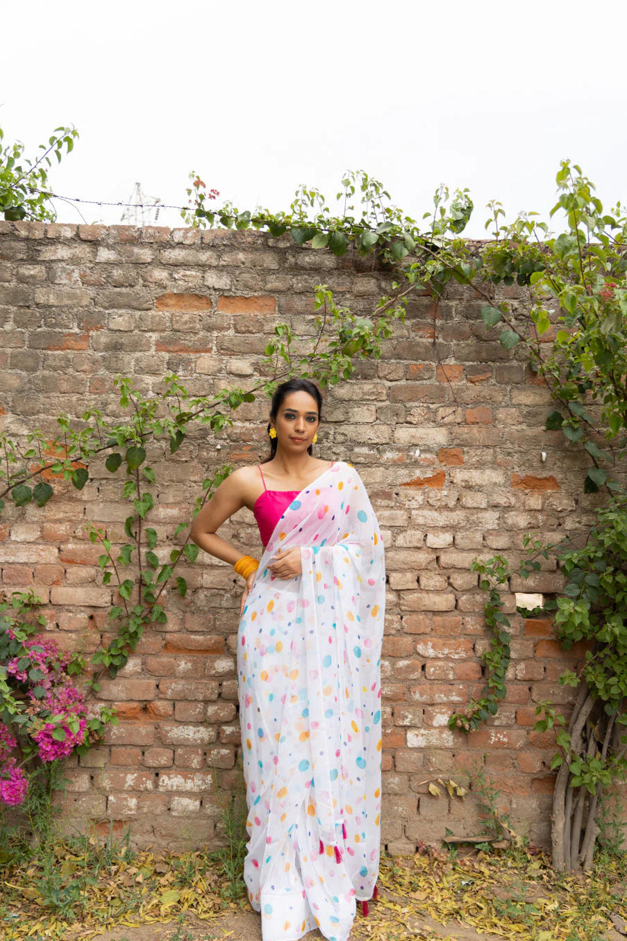 white polka dot saree