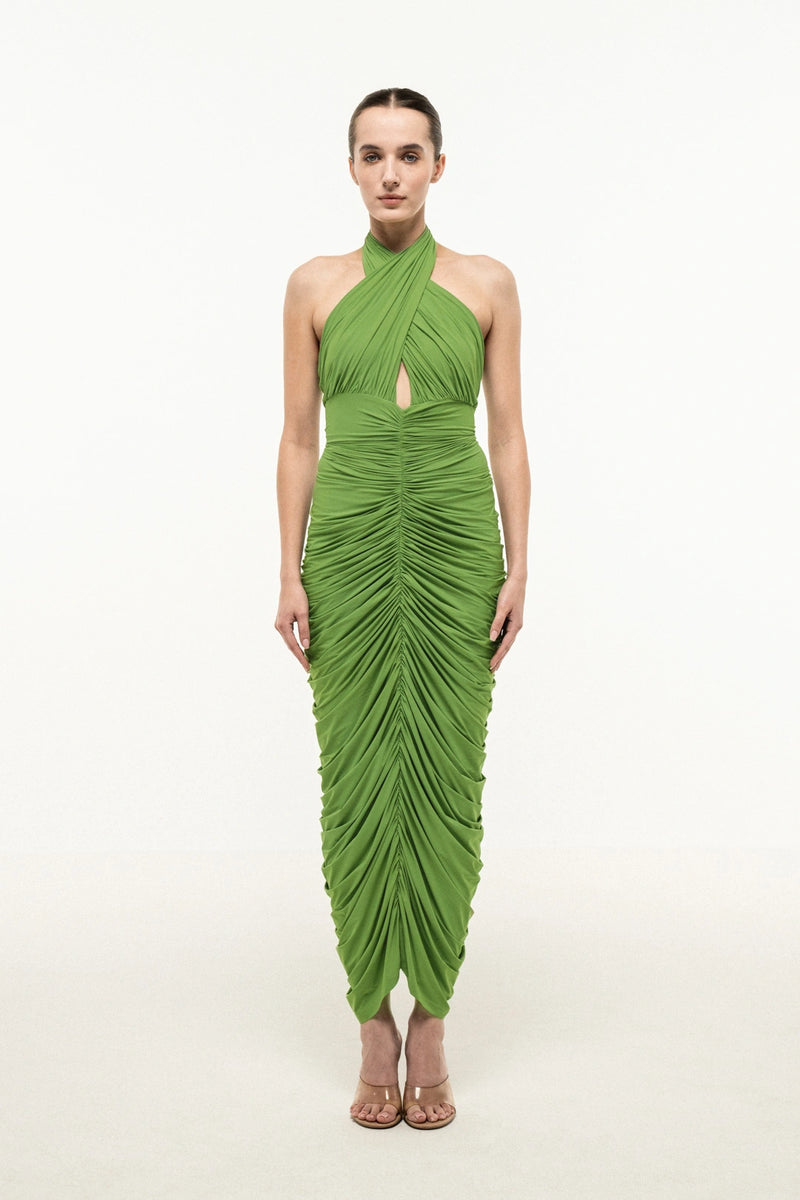 Olive Muse Ruched Halter Dress