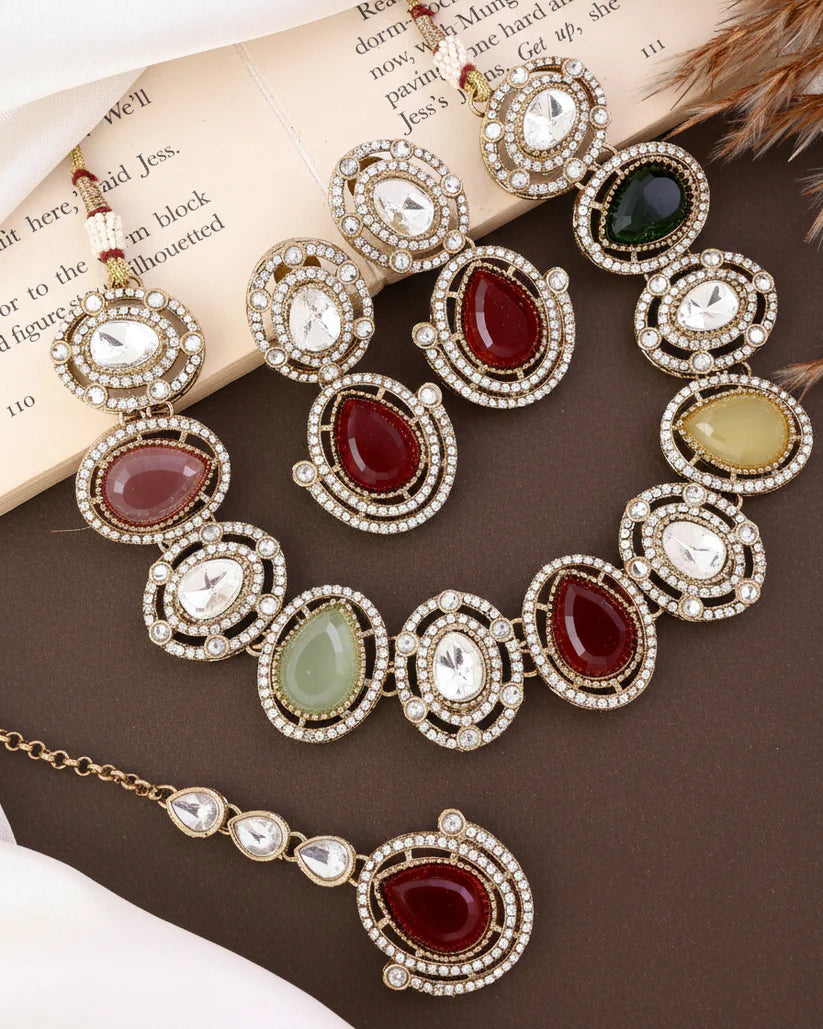 Multi Hania Premium Polki Dupe Necklace Set with Earrings & Mangteeka – By Reet Lifestyle