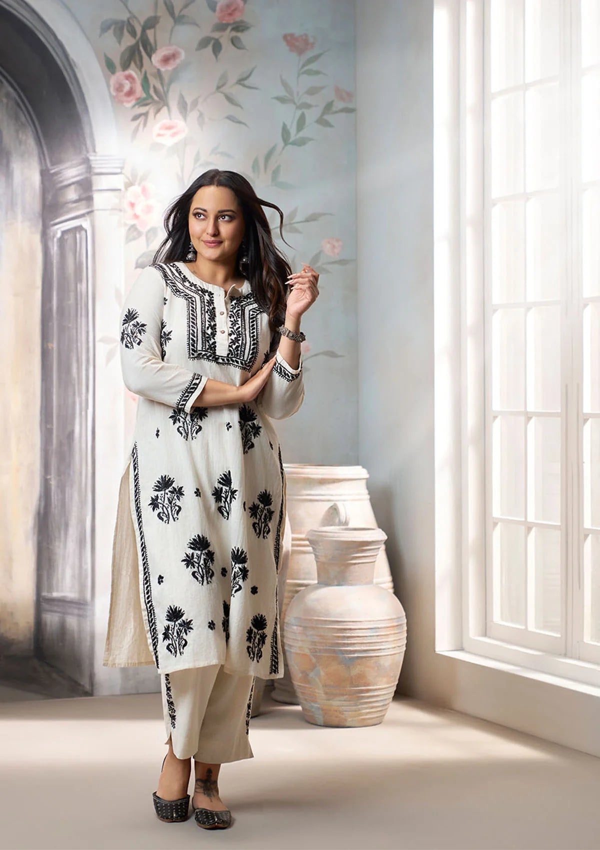 Solid Cotton Linen Women's 2PC Long Kurta Set - Off White