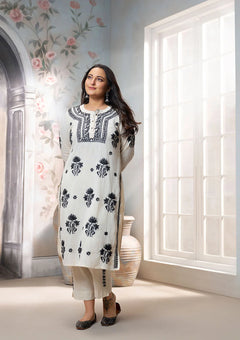 Solid Cotton Linen Women's 2PC Long Kurta Set - Off White
