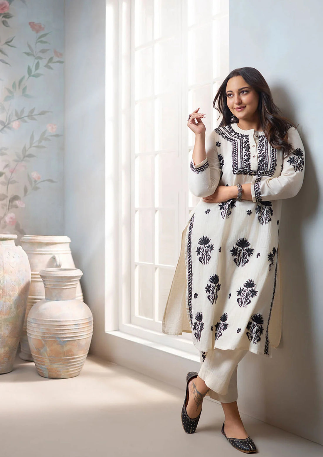 Solid Cotton Linen Women's 2PC Long Kurta Set - Off White