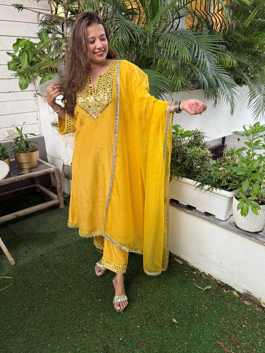 Yellow Mustard Tissue Elegance Kurta Pant Set