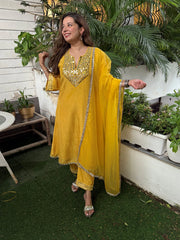 Yellow Mustard Tissue Elegance Kurta Pant Set