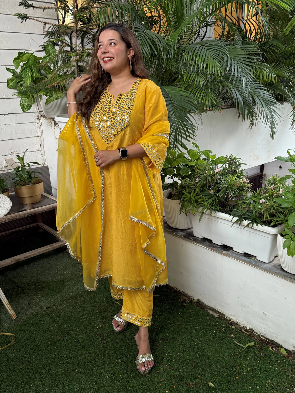 Yellow Mustard Tissue Elegance Kurta Pant Set