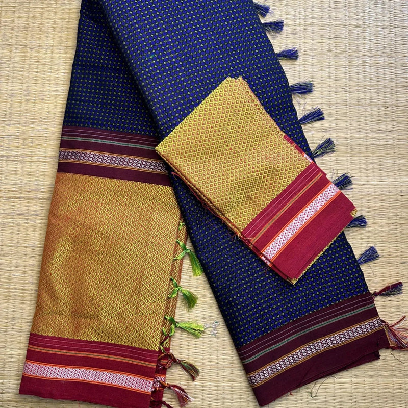 Khan Cotton Half & Half  Blend Saree with Grand Traditional Zari Border