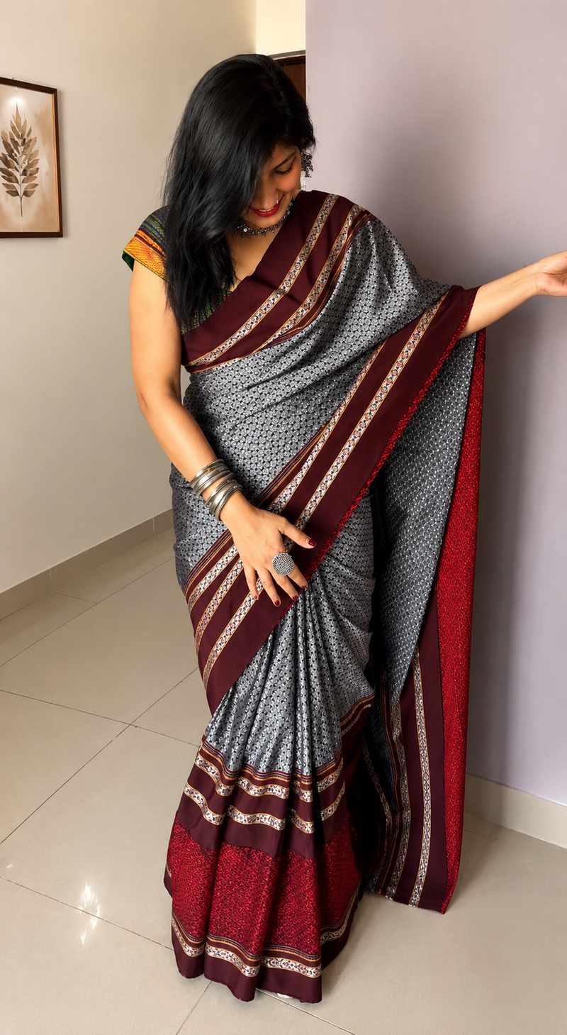 Khan Cotton Half & Half  Blend Saree with Grand Traditional Zari Border