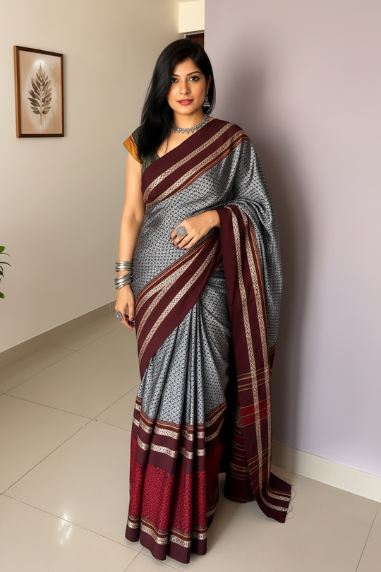 Khan Cotton Half & Half  Blend Saree with Grand Traditional Zari Border