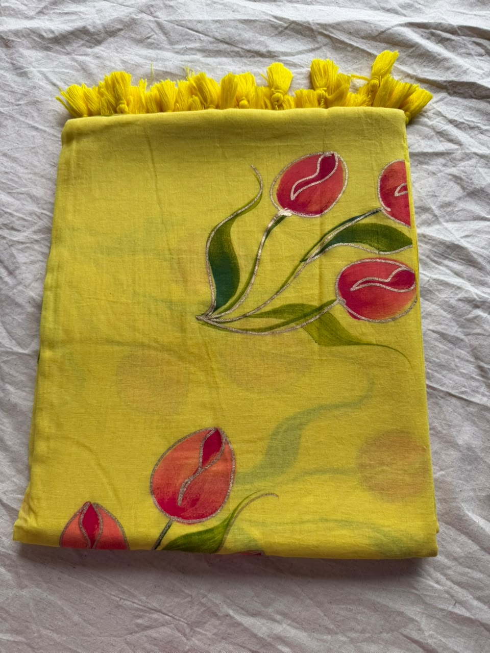 Sunshine Yellow Hand-Painted Tulip Mul Cotton Saree