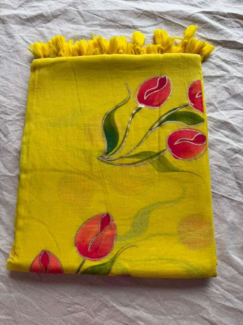 Sunshine Yellow Hand-Painted Tulip Mul Cotton Saree
