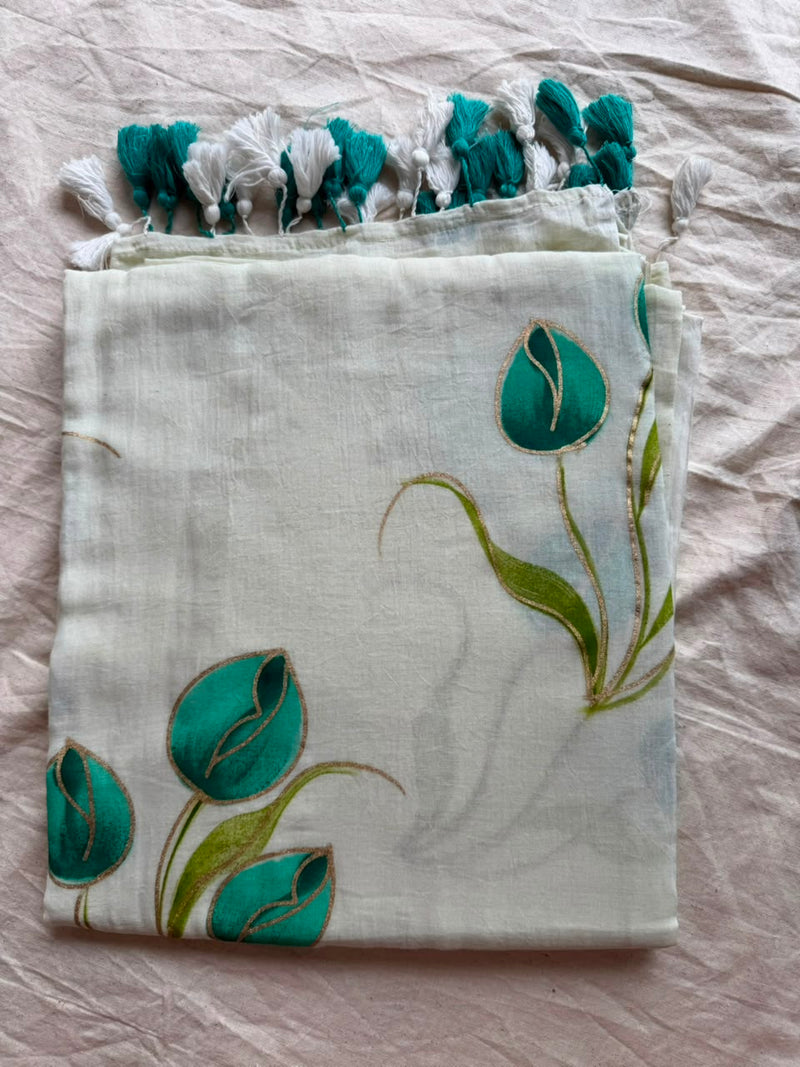 Sunshine Yellow Hand-Painted Tulip Mul Cotton Saree