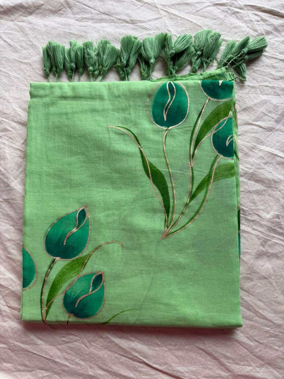 Sunshine Yellow Hand-Painted Tulip Mul Cotton Saree