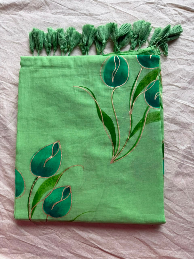 Sunshine Yellow Hand-Painted Tulip Mul Cotton Saree
