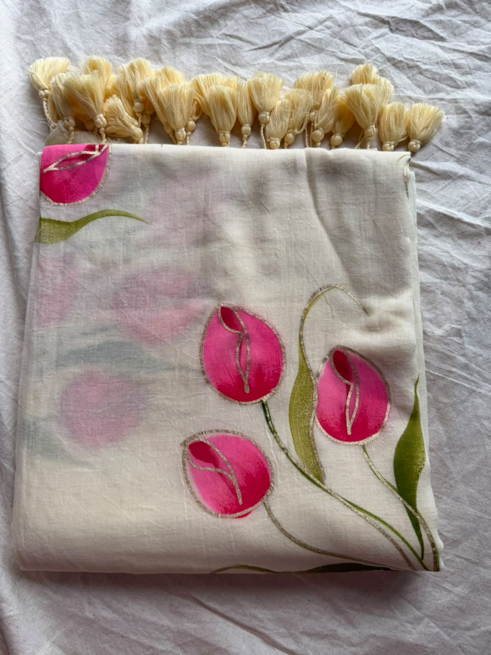 Sunshine Yellow Hand-Painted Tulip Mul Cotton Saree