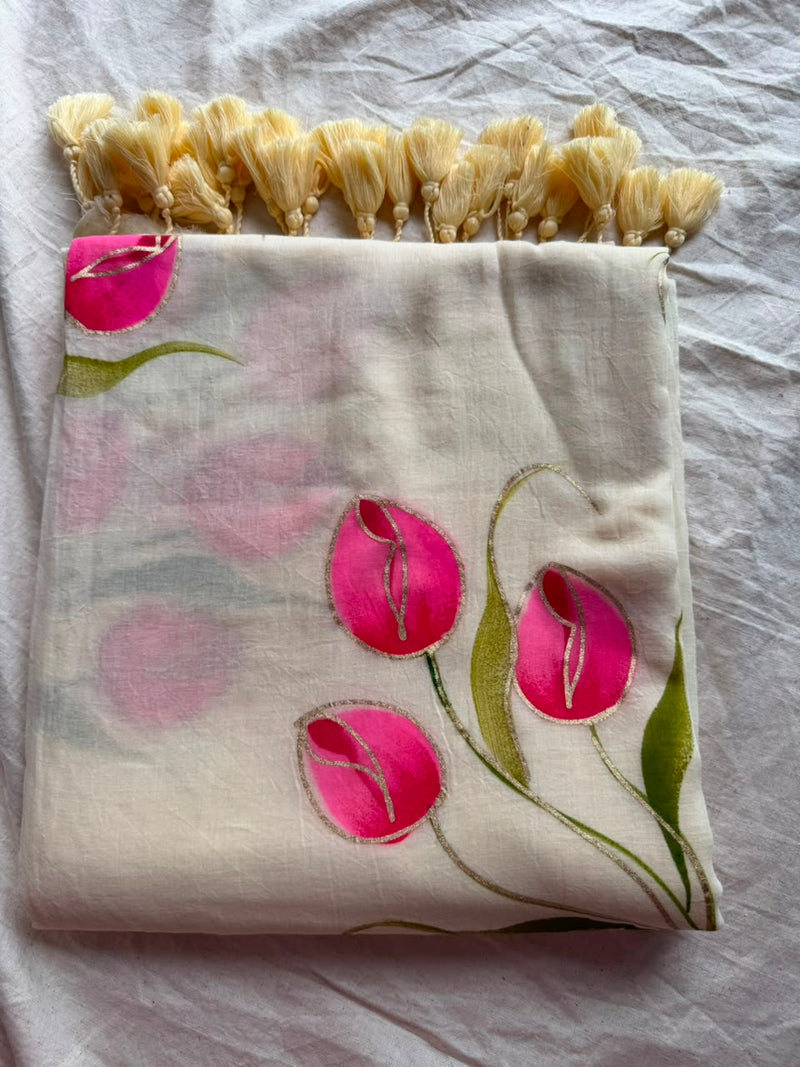 Sunshine Yellow Hand-Painted Tulip Mul Cotton Saree