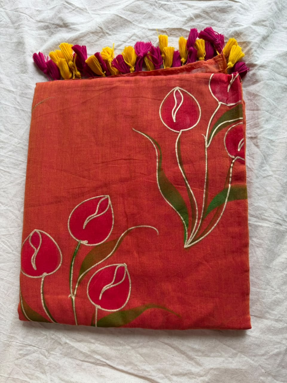 Sunshine Yellow Hand-Painted Tulip Mul Cotton Saree