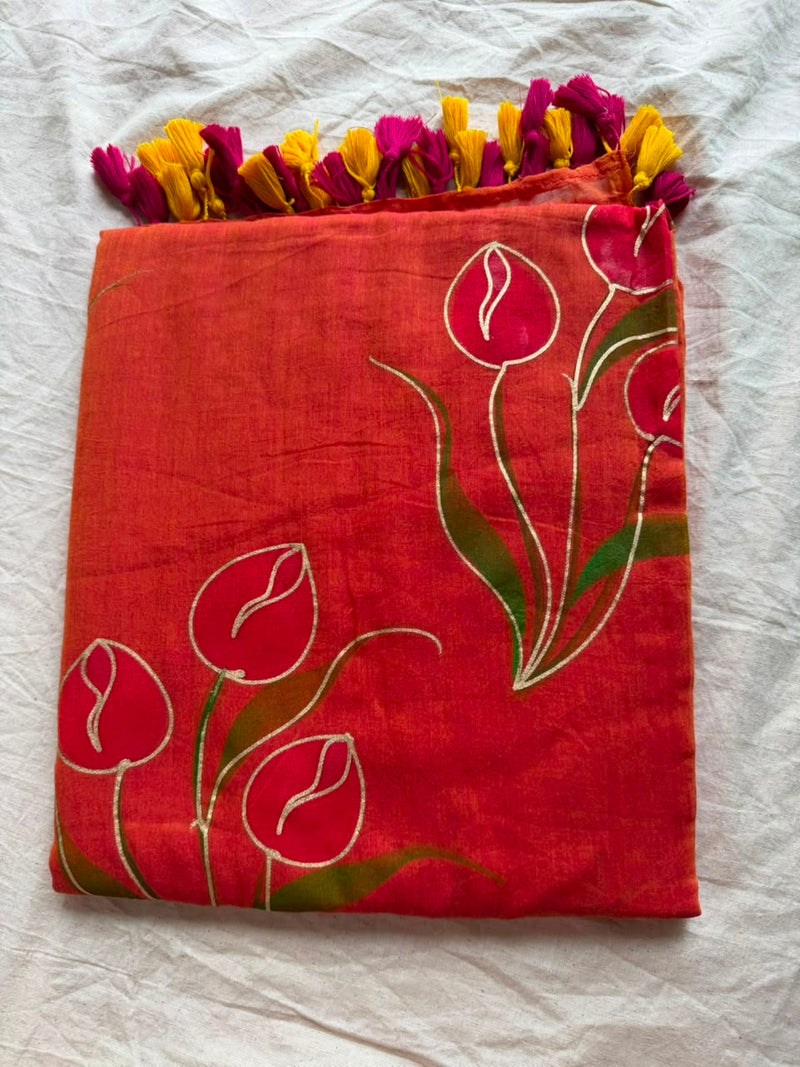 Sunshine Yellow Hand-Painted Tulip Mul Cotton Saree