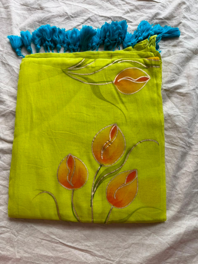 Sunshine Yellow Hand-Painted Tulip Mul Cotton Saree