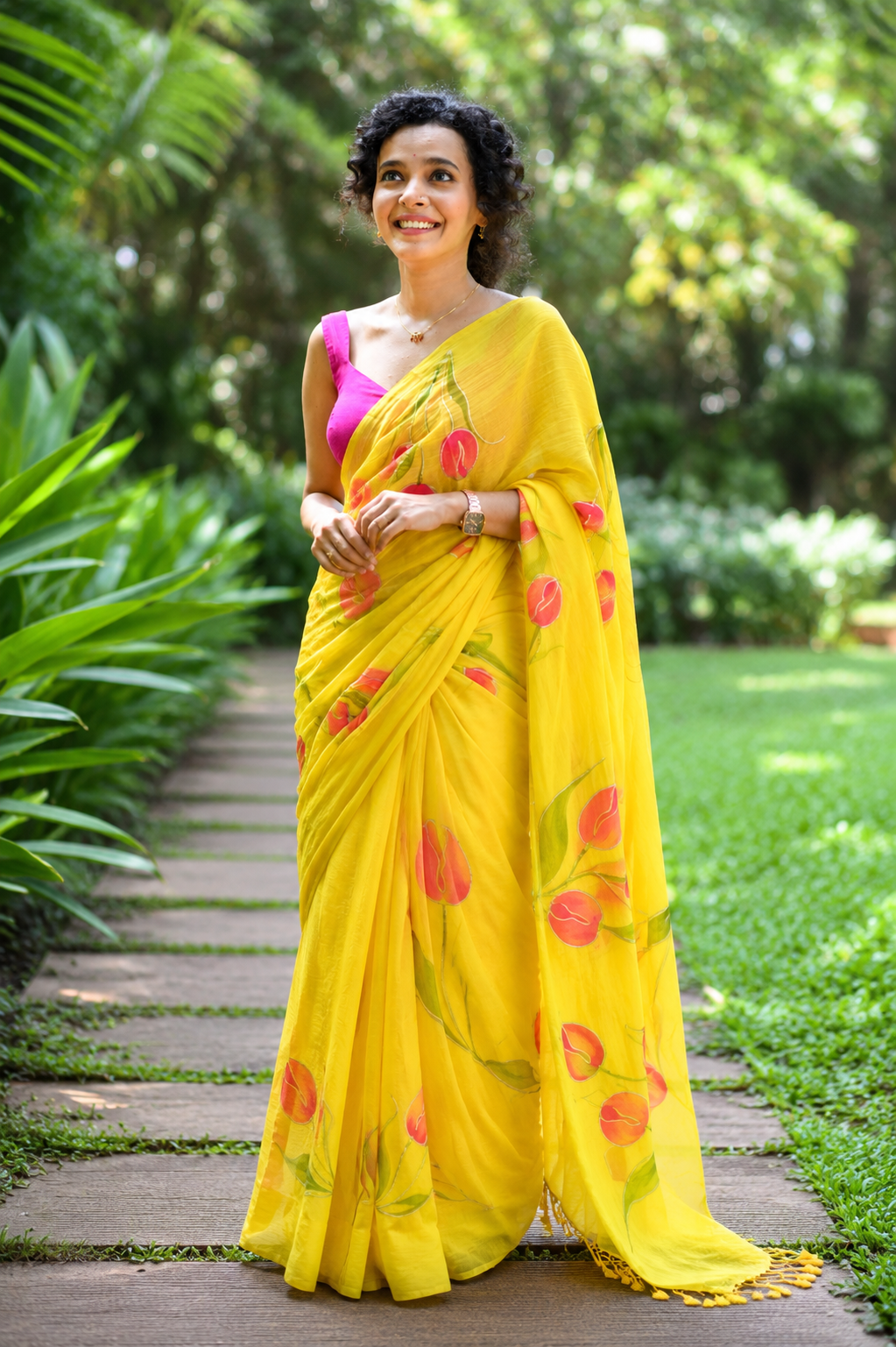 Sunshine Yellow Hand-Painted Tulip Mul Cotton Saree