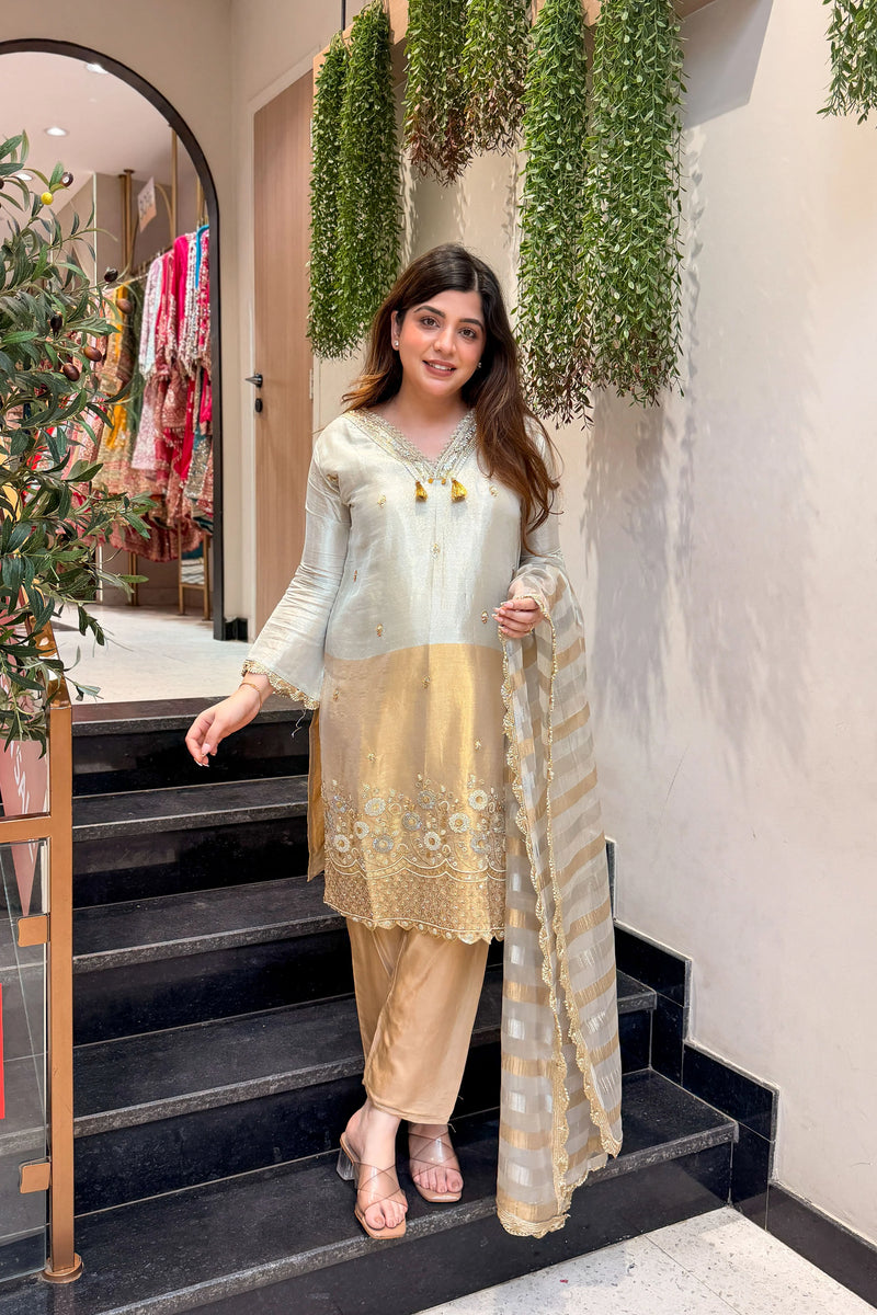 Gold Hand Embroidered Shimmer Tissue Suit Set
