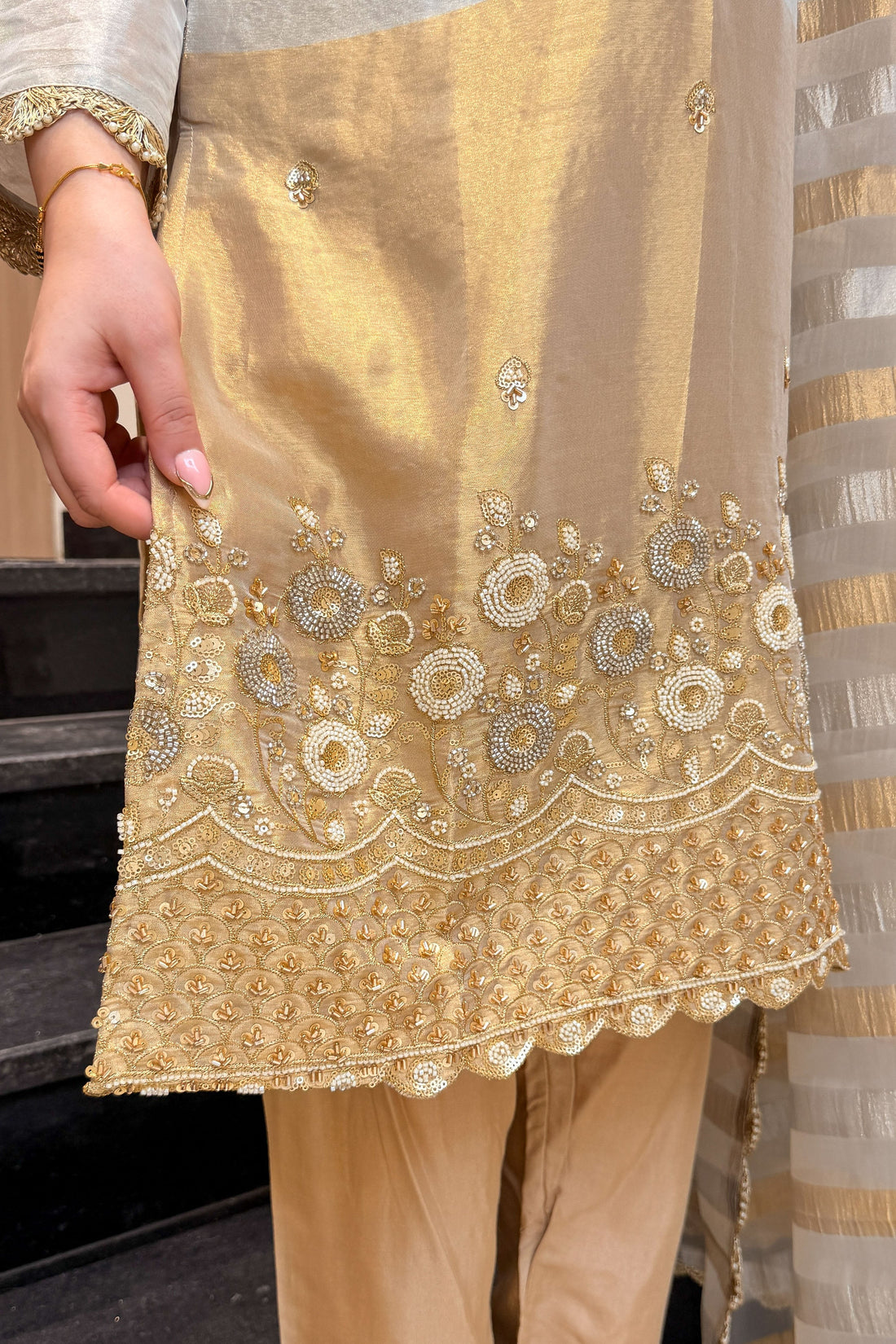 Gold Hand Embroidered Shimmer Tissue Suit Set