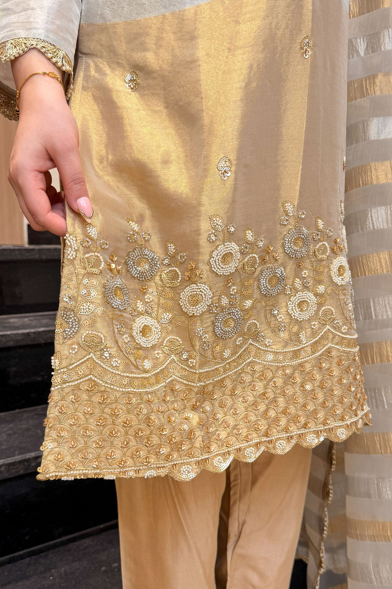 Gold Hand Embroidered Shimmer Tissue Suit Set
