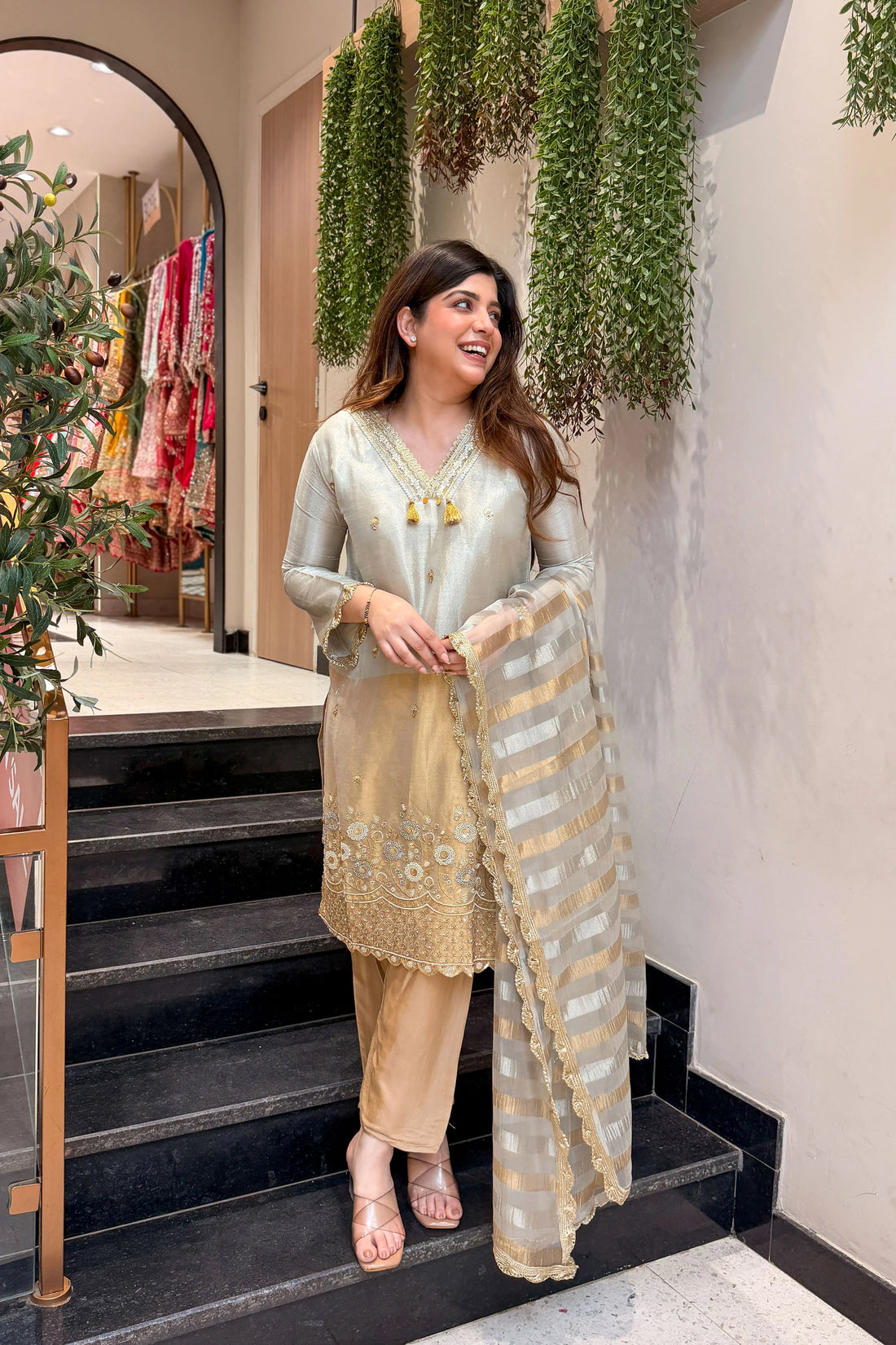 Gold Hand Embroidered Shimmer Tissue Suit Set