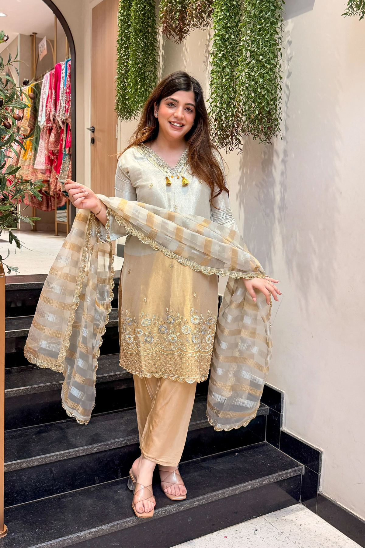 Gold Hand Embroidered Shimmer Tissue Suit Set