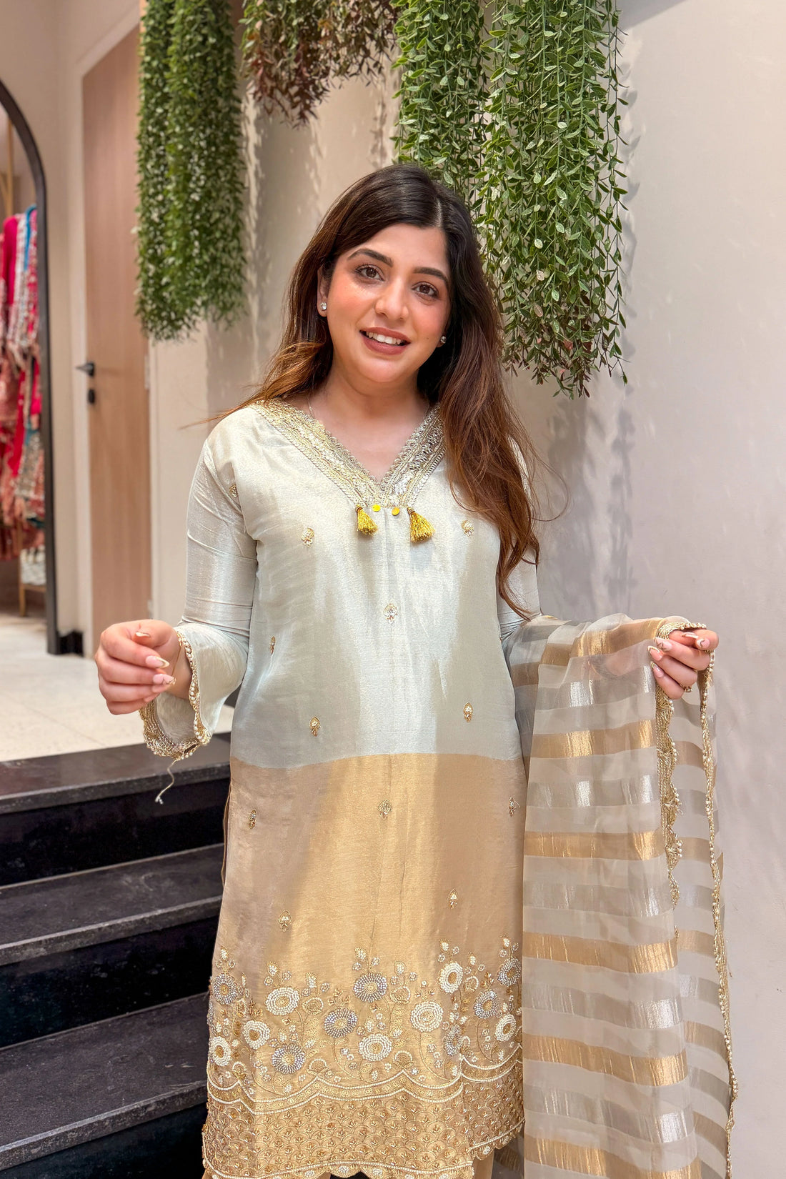 Gold Hand Embroidered Shimmer Tissue Suit Set