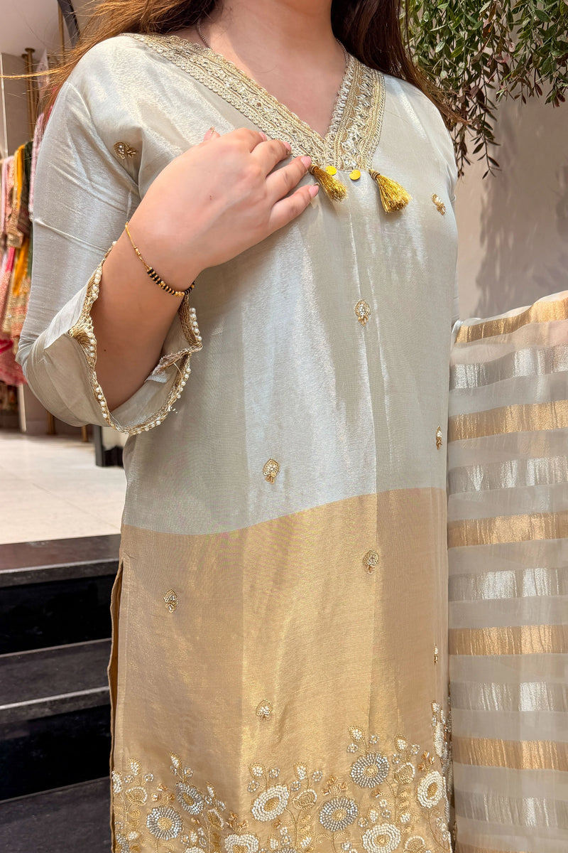 Gold Hand Embroidered Shimmer Tissue Suit Set