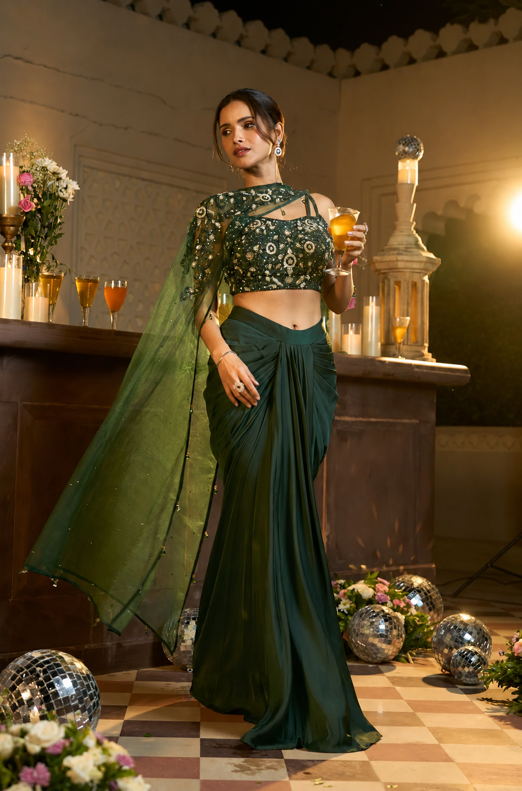 Gorgeous Looks Elegance Handcrafted Net Top with Drape Skirt Set