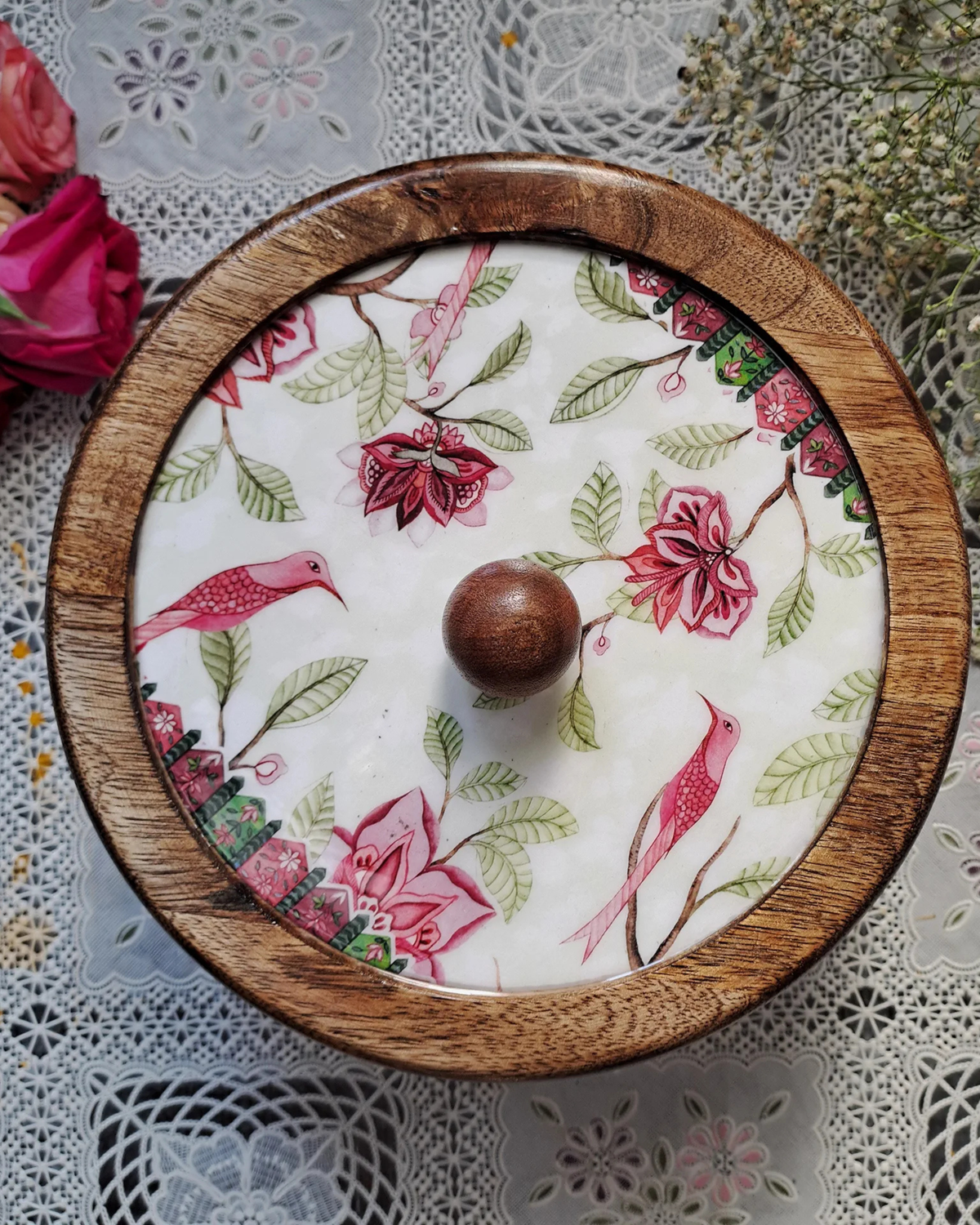 Handmade Bird Chintz Wooden Roti Box