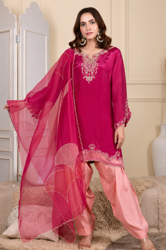Pink Handwork Farshi Salwar Set with Organza Dupatta