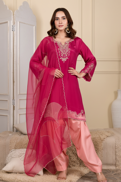 Pink Handwork Farshi Salwar Set with Organza Dupatta